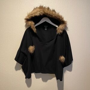 Vintage Wet Seal Hooded Poncho Black with Faux Fur‎ Trim Size Small